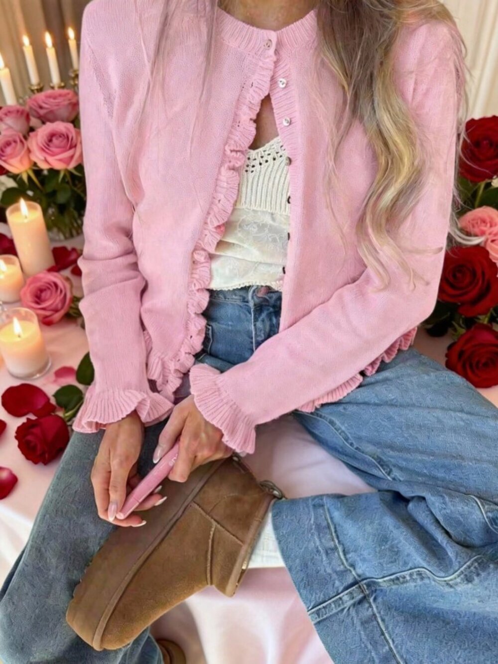 Pink Elegant Women's Round Neck long Sleeve button down Knit Sweater cardigan
